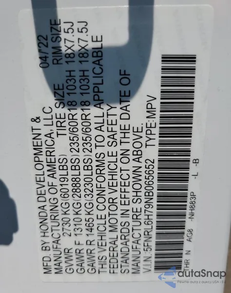 2022 Honda Odyssey Exl from USA, damaged, VIN 5FNRL6H79NB065652